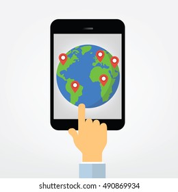 hand pointing on tablet  display  with world map - gps navigation sytem illustration 