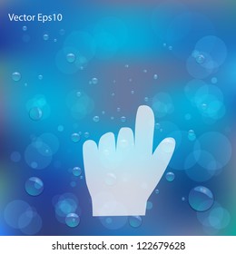 Hand pointing on water bubbles and bokeh blue background,Vector eps10