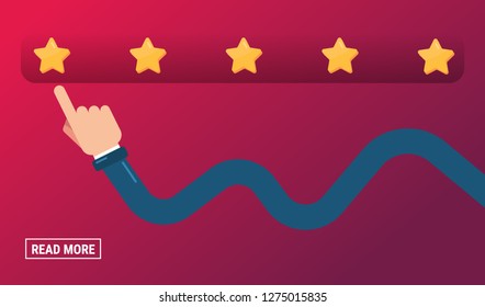Hand pointing at one of five stars. Rating, evaluation, success, feedback, review, quality and management concept.