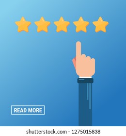 Hand pointing at one of five stars. Rating, evaluation, success, feedback, review, quality and management concept.