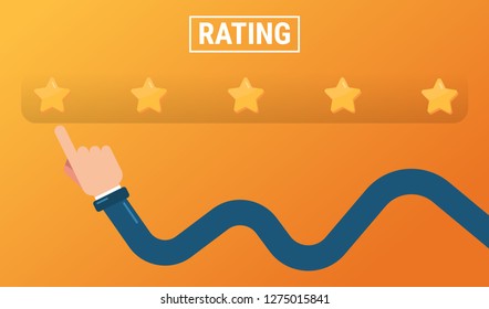 Hand pointing at one of five stars. Rating, evaluation, success, feedback, review, quality and management concept.