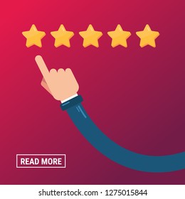 Hand pointing at one of five stars. Rating, evaluation, success, feedback, review, quality and management concept.