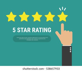 Hand pointing at one of five stars. Rating, evaluation, success, feedback, review, quality and management concept.