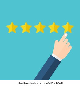 Hand pointing at one of five stars. Rating, evaluation, success, feedback, review, quality and management concept. Vector illustration 