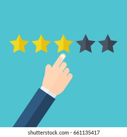 Hand pointing at one of five stars. Rating, evaluation, success, feedback, review, quality and management concept. Vector illustration 