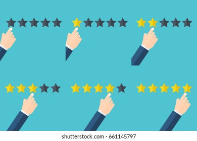 Hand pointing at one of five stars. Rating, evaluation, success, feedback, review, quality and management concept. Vector illustration