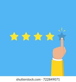 Hand pointing at one of five stars. Rating, evaluation, success, feedback, review, quality and management concept. Vector illustration.
