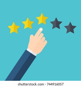 Hand pointing at one of five stars. Rating, evaluation, success, feedback, review, quality and management concept. Vector illustration