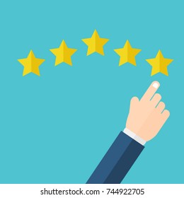 Hand pointing at one of five stars. Rating, evaluation, success, feedback, review, quality and management concept. Vector illustration