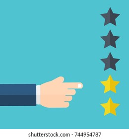 Hand pointing at one of five stars. Rating, evaluation, success, feedback, review, quality and management concept. Vector illustration