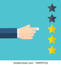 Hand pointing at one of five stars. Rating, evaluation, success, feedback, review, quality and management concept. Vector illustration