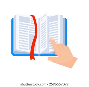Hand pointing at open book with red bookmark, reading and studying concept