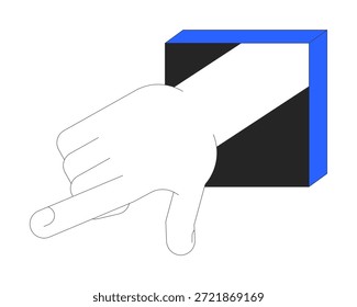 Mão apontando para fora da ilustração de vetor de quadro quadrado. Comando interativo, entrada. Gesto com o dedo indicador emergindo da imagem de desenho animado 2D em forma de cubo isolado no branco. Clipart plano editável colorido