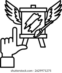 A hand pointing to a painting easel with a brush and a palette. The painting easel is surrounded by wings, which could represent freedom or creativity. The brush and palette are also present