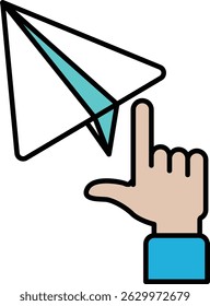 A hand pointing at a paper airplane. The paper airplane is in the middle of the image and the hand is pointing at it