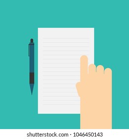 hand pointing to the paper. flat vector illustration