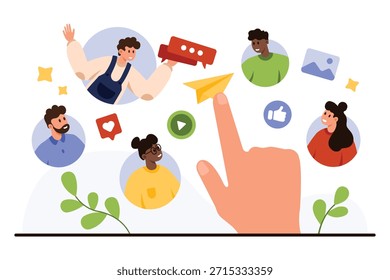 Mano apuntando a un avión de papel rodeado de avatares de personas diversas, burbujas de chat, iconos de redes sociales y símbolos multimedia para la comunicación, mensajería y redes aisladas sobre fondo blanco