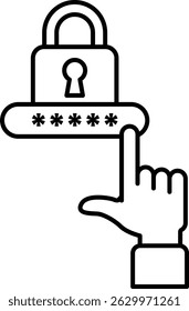 A hand pointing to a password lock. The lock is a keypad with a padlock on top