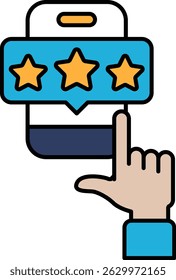 Una mano que apunta a la pantalla de un teléfono con tres estrellas y un pulgar hacia arriba. Concepto de Aprobación y satisfacción