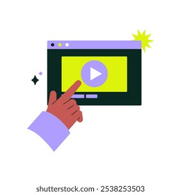 Mão Apontando Para O Botão De Reprodução Na Interface Do Player De Vídeo Na Ilustração De Vetor Plano Simbolizando Conteúdo De Vídeo On-Line, Streaming De Mídia E Interação Digital, Isolada No Plano De Fundo Branco.