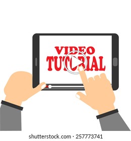 hand pointing to play button on a tablet computer to watch video tutorial on line