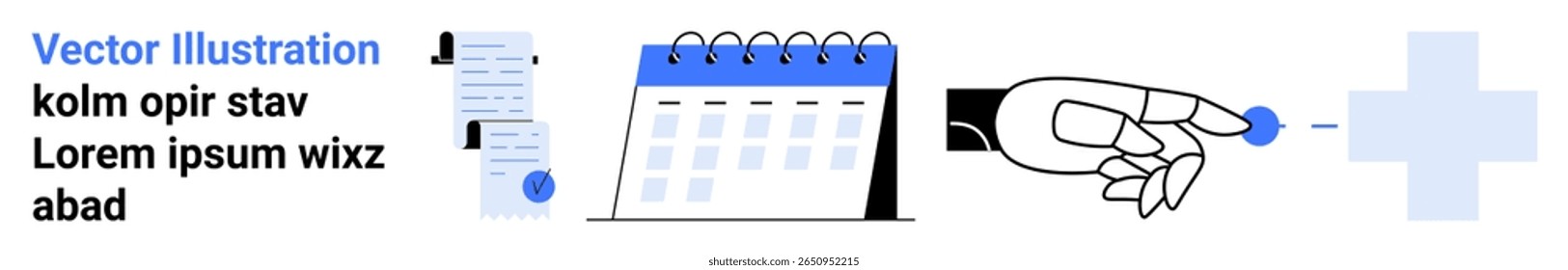 Mano señalando signo más, calendario y documentos. Ideal para el Diseño web, la gestión de tareas, la gestión del tiempo, las herramientas de productividad, la planificación empresarial, el marketing digital y la gestión de proyectos. Aterrizaje