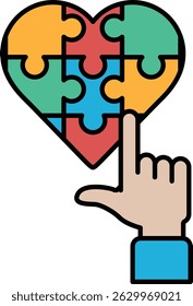 A hand pointing at a puzzle piece heart. The puzzle piece heart is made up of different colored pieces, and the hand is pointing to it