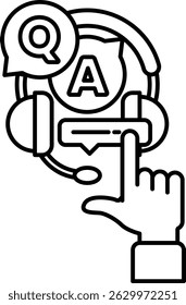 Uma mão apontando para um Q e A sobre um fundo branco. Conceito de fazer uma pergunta ou procurar informações
