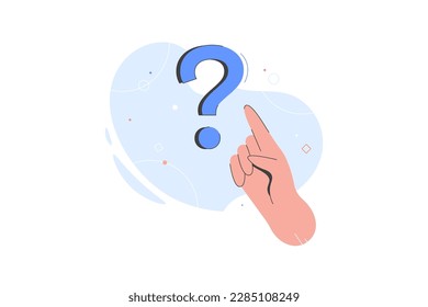 Hand pointing at question mark flat vector illustration. Person trying to solve problem or searching for solutions. Creativity. Business concept