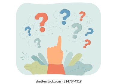 Hand pointing at question marks flat vector illustration. Person trying to solve problem or searching for solutions. Creativity, guidance concept for banner, website design or landing web page