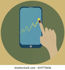 Hand pointing to rating stars on mobile phone.