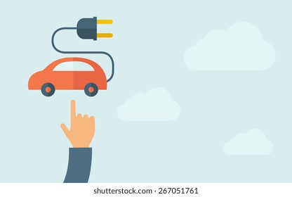 Una mano apuntando al icono de coche recargable.  Un estilo contemporáneo con una paleta pastel y un fondo azul claro en el cielo. Ilustración de diseño plana vectorial. Diseño horizontal con espacio de texto en la parte derecha.
