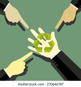 hand pointing to recycling icon . Vector flat design illustration.