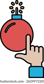 A hand pointing at a red bomb. The bomb is surrounded by a bright orange glow. Concept of danger and urgency