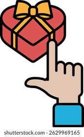 A hand pointing at a red box with a yellow bow. The box is a gift and the hand is indicating that it is a present