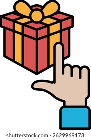 A hand pointing at a red box with a yellow bow. The box is a gift and the hand is indicating that it is a present