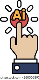 A hand pointing to a red button with the word AI on it. Concept of importance and urgency, as the AI button is likely related to a critical task or decision