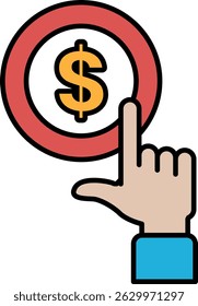 A hand pointing to a red circle with a dollar sign in the middle. Concept of a dollar being worth a lot, and the hand is emphasizing this point