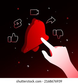 Hand Pointing to Red Notification Bell Icon. Video Social Media Illustration. Vector illustration