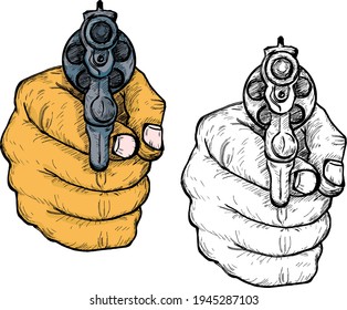 Hand Pointing A Revolver Pistol Barrel. Hand Drawn Vector Illustration.