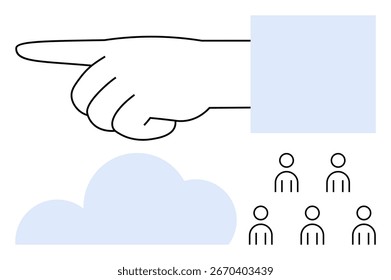 Hand pointing right blue cloud group of people, blue square. Ideal for teamwork, collaboration, leadership, decision-making, networking, community, and strategy. Line metaphor