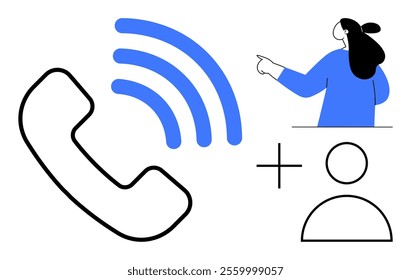 Hand pointing to the right, a blue-colored wireless signal, a large black telephone symbol, and a plus sign with a user icon. Ideal for communication, customer service, connectivity, teamwork