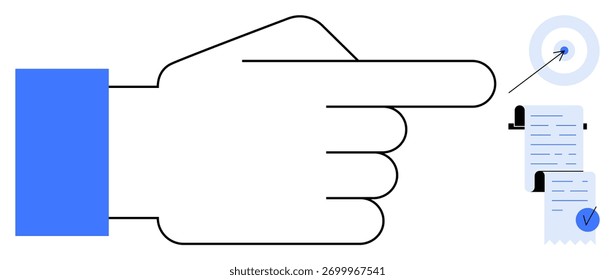 Mão apontando para a direita em direção a documentos com ícones azuis e um símbolo de destino. Ideal para negócios, produtividade, metas, tarefas e realizações. Estilo limpo, minimalista e plano