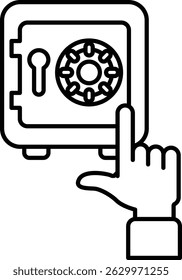 A hand pointing to a safe with a keyhole. The safe is a symbol of security and protection