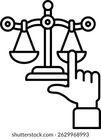 A hand pointing to a scale of justice. The scale is balanced with a finger on the pointer
