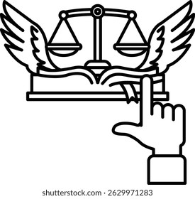 A hand pointing to a scale with wings on top. The scale is balanced and the wings are spread out