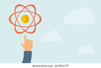A hand pointing to science technology icon.  A contemporary style with pastel palette, light blue cloudy sky background. Vector flat design illustration. Horizontal layout with text space on right