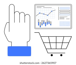 Met de hand wijzend naar het scherm met grafieken en gegevens. Aangrenzende winkelwagen. Ideaal voor e-commerce, online winkelen, digitale marketing, verkoopanalyse, datatracking, bedrijfsgroei, retailanalyse
