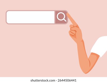 
Hand Pointing to a Search Bar Vector Cartoon Illustration. person is browsing the internet in user interface

