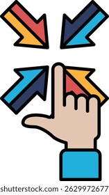 A hand pointing to a series of arrows. The arrows are pointing in different directions, and the hand is pressing down on them. Concept of direction and movement